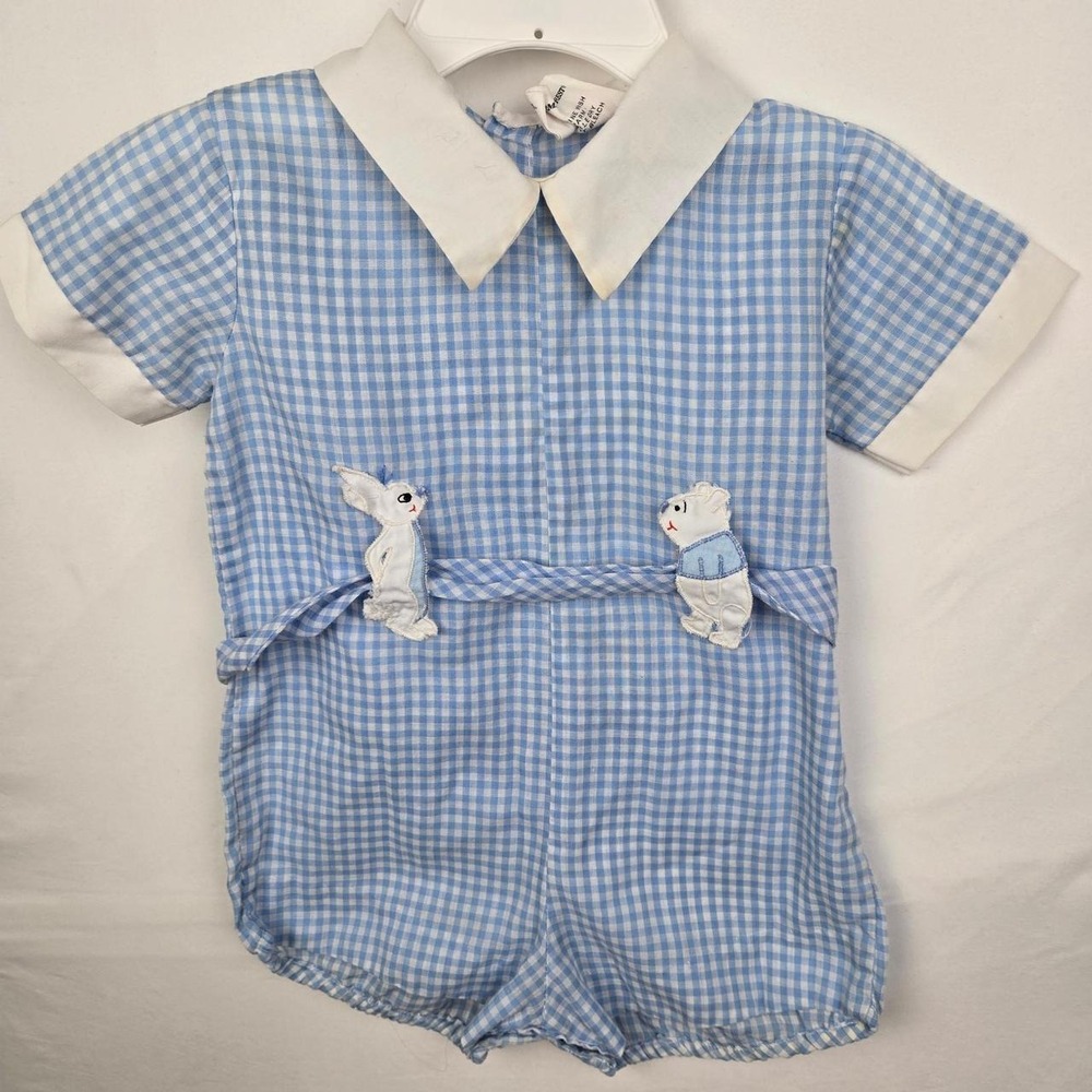 Sears Winnie the Pooh blue gingham baby romper with embroidered pockets.